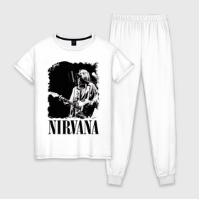 Женская пижама хлопок с принтом nirvana kurt cobain в Петрозаводске, 100% хлопок | брюки и футболка прямого кроя, без карманов, на брюках мягкая резинка на поясе и по низу штанин | kurt cobain | nirvana | nirvana kurt cobain | кумиры | курт кобейн | легенд | нирвана | певцы | портреты