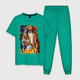 Мужская пижама хлопок с принтом Nirvana Kurt Cobain в Петрозаводске, 100% хлопок | брюки и футболка прямого кроя, без карманов, на брюках мягкая резинка на поясе и по низу штанин
 | kurt cobain | nirvana | курт кобейн | нирвана