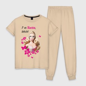 Женская пижама хлопок с принтом I\m Barbie, bitch в Петрозаводске, 100% хлопок | брюки и футболка прямого кроя, без карманов, на брюках мягкая резинка на поясе и по низу штанин | Тематика изображения на принте: 90 | 90 е | barbie | барби | кукла | ностальгия