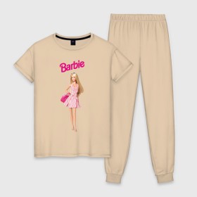 Женская пижама хлопок с принтом Барби на прогулке в Петрозаводске, 100% хлопок | брюки и футболка прямого кроя, без карманов, на брюках мягкая резинка на поясе и по низу штанин | Тематика изображения на принте: 90 | 90 е | barbie | барби | ностальгия