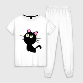 Женская пижама хлопок с принтом Маленький котенок в Петрозаводске, 100% хлопок | брюки и футболка прямого кроя, без карманов, на брюках мягкая резинка на поясе и по низу штанин | киса | котенок | котик | кошка | черная кошка | черный кот