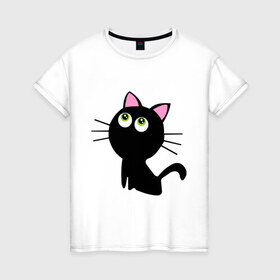 Женская футболка хлопок с принтом Маленький котенок в Петрозаводске, 100% хлопок | прямой крой, круглый вырез горловины, длина до линии бедер, слегка спущенное плечо | киса | котенок | котик | кошка | черная кошка | черный кот