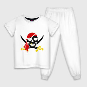 Детская пижама хлопок с принтом Пиратский череп в Петрозаводске, 100% хлопок |  брюки и футболка прямого кроя, без карманов, на брюках мягкая резинка на поясе и по низу штанин
 | Тематика изображения на принте: пираты | череп с ножами