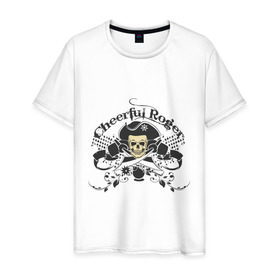 Мужская футболка хлопок с принтом Cheerful Roger в Петрозаводске, 100% хлопок | прямой крой, круглый вырез горловины, длина до линии бедер, слегка спущенное плечо. | cheerful roger | веселый роджер | пиратская метка | пиратский череп | череп
