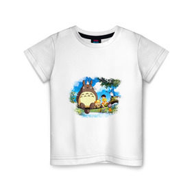 Детская футболка хлопок с принтом Тоторо и его друзья в Петрозаводске, 100% хлопок | круглый вырез горловины, полуприлегающий силуэт, длина до линии бедер | anime | totoro | аниме | анимэ. мой сосед тоторо | тоторо
