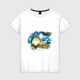 Женская футболка хлопок с принтом Тоторо и его друзья в Петрозаводске, 100% хлопок | прямой крой, круглый вырез горловины, длина до линии бедер, слегка спущенное плечо | anime | totoro | аниме | анимэ. мой сосед тоторо | тоторо