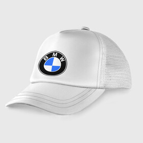 Детская кепка тракер с принтом Logo BMW в Петрозаводске, Козырек - 100% хлопок. Кепка - 100% полиэстер, Задняя часть - сетка | универсальный размер, пластиковая застёжка | Тематика изображения на принте: автобренды | автомобильные | бмв | лого | машина | тачка