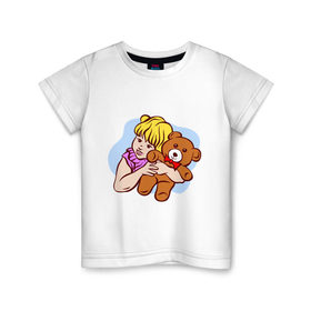 Детская футболка хлопок с принтом Девочка и медведь в Петрозаводске, 100% хлопок | круглый вырез горловины, полуприлегающий силуэт, длина до линии бедер | детские | для ребенка | дочка | игрушка | медведь | медвежонок | мишка | мишутка