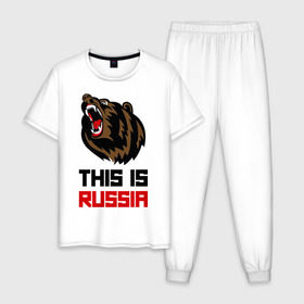 Мужская пижама хлопок с принтом This is Russia в Петрозаводске, 100% хлопок | брюки и футболка прямого кроя, без карманов, на брюках мягкая резинка на поясе и по низу штанин
 | животное | зверь | зубы | клыки | медведь | пасть | россия | русский медведь | хищник | я русский