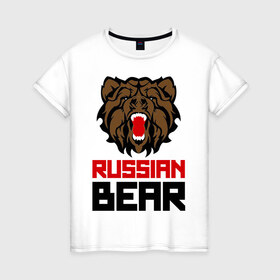 Женская футболка хлопок с принтом Russian Bear в Петрозаводске, 100% хлопок | прямой крой, круглый вырез горловины, длина до линии бедер, слегка спущенное плечо | животное | зверь | зубы | клыки | медведь | пасть | россия | русский медведь | хищник | я русский