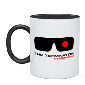Кружка двухцветная с принтом The Terminator в Петрозаводске, керамика | объем — 330 мл, диаметр — 80 мм. Цветная ручка и кайма сверху, в некоторых цветах — вся внутренняя часть | Тематика изображения на принте: terminator | очки терминатор | терминатор | шварценеггер | шварцнеггер