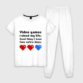 Женская пижама хлопок с принтом video games ruined my life в Петрозаводске, 100% хлопок | брюки и футболка прямого кроя, без карманов, на брюках мягкая резинка на поясе и по низу штанин | 8 bit | 8 бит | 8bit | 8бит | видеоигры | игры