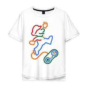 Мужская футболка хлопок Oversize с принтом Марио с пультом в Петрозаводске, 100% хлопок | свободный крой, круглый ворот, “спинка” длиннее передней части | Тематика изображения на принте: 8 bit | 8 бит | nintendo | марио | нинтендо