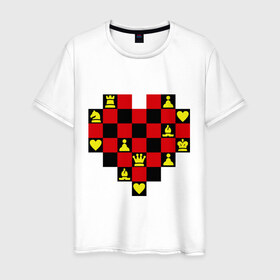 Мужская футболка хлопок с принтом Шахматное сердце в Петрозаводске, 100% хлопок | прямой крой, круглый вырез горловины, длина до линии бедер, слегка спущенное плечо. | chess | i love chess | сердце | шахматы | я люблю шахматы