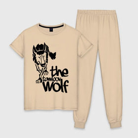 Женская пижама хлопок с принтом тамбовский волк в Петрозаводске, 100% хлопок | брюки и футболка прямого кроя, без карманов, на брюках мягкая резинка на поясе и по низу штанин | wolf | волк | животные