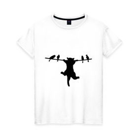 Женская футболка хлопок с принтом Котенок и птички в Петрозаводске, 100% хлопок | прямой крой, круглый вырез горловины, длина до линии бедер, слегка спущенное плечо | 