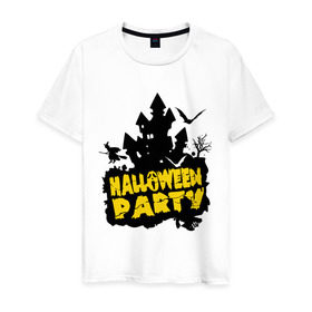 Мужская футболка хлопок с принтом Halloween party-замок в Петрозаводске, 100% хлопок | прямой крой, круглый вырез горловины, длина до линии бедер, слегка спущенное плечо. | Тематика изображения на принте: halloween | halloween party замок | party | замок | праздники | хэллоуин