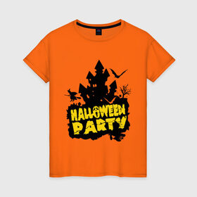 Женская футболка хлопок с принтом Halloween party-замок в Петрозаводске, 100% хлопок | прямой крой, круглый вырез горловины, длина до линии бедер, слегка спущенное плечо | halloween | halloween party замок | party | замок | праздники | хэллоуин