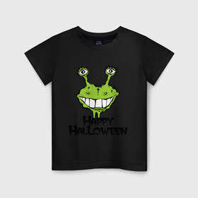 Детская футболка хлопок с принтом Happy Halloween -монстрик в Петрозаводске, 100% хлопок | круглый вырез горловины, полуприлегающий силуэт, длина до линии бедер | hallowen | helloveen | день всех святых | хэллоуин | хэлоуин