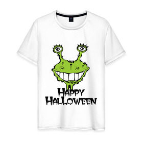 Мужская футболка хлопок с принтом Happy Halloween -монстрик в Петрозаводске, 100% хлопок | прямой крой, круглый вырез горловины, длина до линии бедер, слегка спущенное плечо. | hallowen | helloveen | день всех святых | хэллоуин | хэлоуин