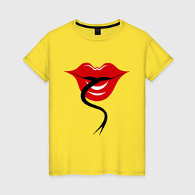 Женская футболка хлопок с принтом Змеиный язык в Петрозаводске, 100% хлопок | прямой крой, круглый вырез горловины, длина до линии бедер, слегка спущенное плечо | губы | девушкам | женские губы | змеиный | змеиный язык | красные губы | прикольные | язык