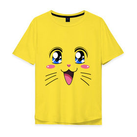 Мужская футболка хлопок Oversize с принтом Японская кошечка в Петрозаводске, 100% хлопок | свободный крой, круглый ворот, “спинка” длиннее передней части | аниме | глаза | глазки | девушкам | киса | кот | коте | котенок | кошечка | кошка | милые создания | мордочка | японская кошечка