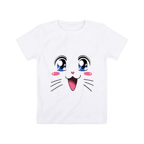 Детская футболка хлопок с принтом Японская кошечка в Петрозаводске, 100% хлопок | круглый вырез горловины, полуприлегающий силуэт, длина до линии бедер | Тематика изображения на принте: аниме | глаза | глазки | девушкам | киса | кот | коте | котенок | кошечка | кошка | милые создания | мордочка | японская кошечка