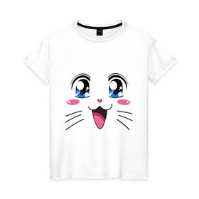 Женская футболка хлопок с принтом Японская кошечка в Петрозаводске, 100% хлопок | прямой крой, круглый вырез горловины, длина до линии бедер, слегка спущенное плечо | аниме | глаза | глазки | девушкам | киса | кот | коте | котенок | кошечка | кошка | милые создания | мордочка | японская кошечка