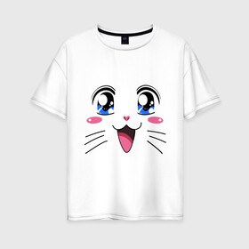 Женская футболка хлопок Oversize с принтом Японская кошечка в Петрозаводске, 100% хлопок | свободный крой, круглый ворот, спущенный рукав, длина до линии бедер
 | аниме | глаза | глазки | девушкам | киса | кот | коте | котенок | кошечка | кошка | милые создания | мордочка | японская кошечка