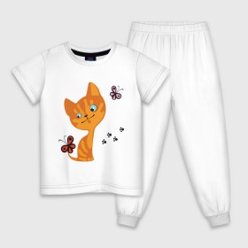 Детская пижама хлопок с принтом Котенок с бабочками в Петрозаводске, 100% хлопок |  брюки и футболка прямого кроя, без карманов, на брюках мягкая резинка на поясе и по низу штанин
 | для девушек | котенок | котенок с бабочкой | кошки