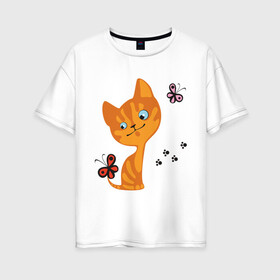 Женская футболка хлопок Oversize с принтом Котенок с бабочками в Петрозаводске, 100% хлопок | свободный крой, круглый ворот, спущенный рукав, длина до линии бедер
 | для девушек | котенок | котенок с бабочкой | кошки