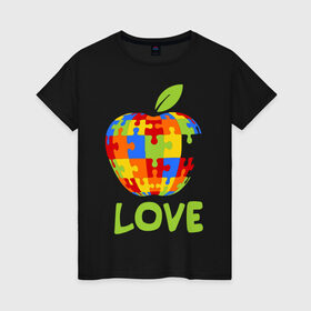 Женская футболка хлопок с принтом Apple пазл в Петрозаводске, 100% хлопок | прямой крой, круглый вырез горловины, длина до линии бедер, слегка спущенное плечо | apple | love apple | люблю эппл | паззлы | яблоко
