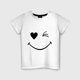 Детская футболка хлопок с принтом Подмигивающий смайлик в Петрозаводске, 100% хлопок | круглый вырез горловины, полуприлегающий силуэт, длина до линии бедер | smile | для девушек | мордочка | позитив | рожица | сердечко | смайл | смайлик | улыбка