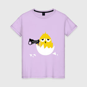 Женская футболка хлопок с принтом Цыпленок гангстер (chicken gangster) в Петрозаводске, 100% хлопок | прямой крой, круглый вырез горловины, длина до линии бедер, слегка спущенное плечо | дуло | оружие | пистолет | птенчик | птичка | цыпа | яйцо