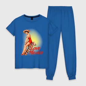 Женская пижама хлопок с принтом Love mexico в Петрозаводске, 100% хлопок | брюки и футболка прямого кроя, без карманов, на брюках мягкая резинка на поясе и по низу штанин | america | pin up | retro | америка | винтаж | пин ап | ретро