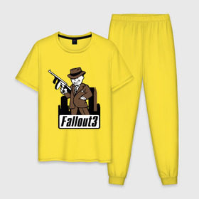 Мужская пижама хлопок с принтом Fallout Man with gun в Петрозаводске, 100% хлопок | брюки и футболка прямого кроя, без карманов, на брюках мягкая резинка на поясе и по низу штанин
 | fallout | логотип | постапокалиптические | фаллаут | фоллаут