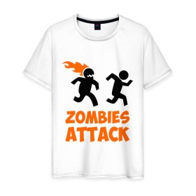 Мужская футболка хлопок с принтом Zombies Attack в Петрозаводске, 100% хлопок | прямой крой, круглый вырез горловины, длина до линии бедер, слегка спущенное плечо. | 