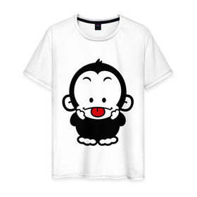 Мужская футболка хлопок с принтом Веселая обезьянка в Петрозаводске, 100% хлопок | прямой крой, круглый вырез горловины, длина до линии бедер, слегка спущенное плечо. | веселая | веселая обезьянка | животные | обезьяна | обезьянка | прикольные картинки