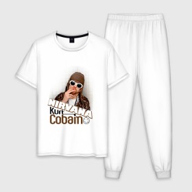 Мужская пижама хлопок с принтом Kurt Cobain в очках в Петрозаводске, 100% хлопок | брюки и футболка прямого кроя, без карманов, на брюках мягкая резинка на поясе и по низу штанин
 | kurt cobain | kurt cobain в очках | nirvana | музыка | нирвана
