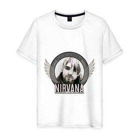 Мужская футболка хлопок с принтом Kurt Cobain с крыльями в Петрозаводске, 100% хлопок | прямой крой, круглый вырез горловины, длина до линии бедер, слегка спущенное плечо. | kurt cobain | nirvana | группы | курт кобейн | музыка | музыкальные группы. курт | нирвана