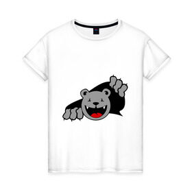 Женская футболка хлопок с принтом Медведь вылезает из футболки в Петрозаводске, 100% хлопок | прямой крой, круглый вырез горловины, длина до линии бедер, слегка спущенное плечо | медведь | прикольные картинки