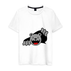Мужская футболка хлопок с принтом Медведь вылезает из футболки в Петрозаводске, 100% хлопок | прямой крой, круглый вырез горловины, длина до линии бедер, слегка спущенное плечо. | медведь | прикольные картинки
