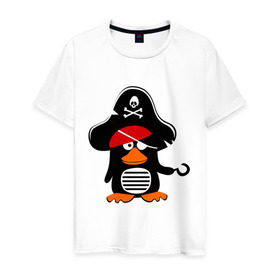 Мужская футболка хлопок с принтом Пингвин - тусовщик в Петрозаводске, 100% хлопок | прямой крой, круглый вырез горловины, длина до линии бедер, слегка спущенное плечо. | пингвин | пират