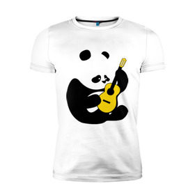 Мужская футболка премиум с принтом Панда играет на гитаре в Петрозаводске, 92% хлопок, 8% лайкра | приталенный силуэт, круглый вырез ворота, длина до линии бедра, короткий рукав | панда