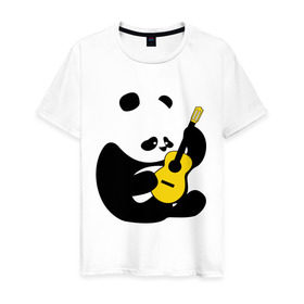 Мужская футболка хлопок с принтом Панда играет на гитаре в Петрозаводске, 100% хлопок | прямой крой, круглый вырез горловины, длина до линии бедер, слегка спущенное плечо. | панда