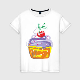 Женская футболка хлопок с принтом кексик в Петрозаводске, 100% хлопок | прямой крой, круглый вырез горловины, длина до линии бедер, слегка спущенное плечо | вишенка | еда | кексик | пироженка | сладости | тортики