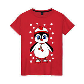 Женская футболка хлопок с принтом Пингвин в снегу в Петрозаводске, 100% хлопок | прямой крой, круглый вырез горловины, длина до линии бедер, слегка спущенное плечо | пингвин