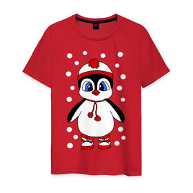 Мужская футболка хлопок с принтом Пингвин в снегу в Петрозаводске, 100% хлопок | прямой крой, круглый вырез горловины, длина до линии бедер, слегка спущенное плечо. | пингвин