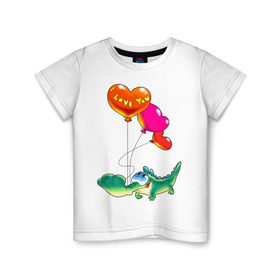 Детская футболка хлопок с принтом КРОКОДИЛ С СЕРДЕЧКАМИ в Петрозаводске, 100% хлопок | круглый вырез горловины, полуприлегающий силуэт, длина до линии бедер | Тематика изображения на принте: i love you | детские | детям | для детей | крокодил | любовь | я тебя люблю