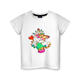 Детская футболка хлопок с принтом КИСКА С СЕРДЕЧКОМ в Петрозаводске, 100% хлопок | круглый вырез горловины, полуприлегающий силуэт, длина до линии бедер | детское | детям | для детей | киса | котенок | кошка